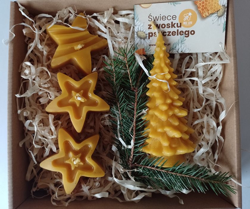Zestaw prezentowy. Świece z wosku pszczelego. 3 gwiazdki + choinka.