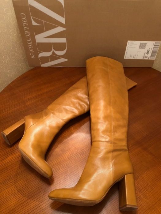 ZARA, Skórzane długie kozaki na słupku, miodowe, R.39, za kolano