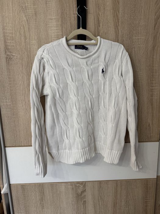 Sweter Polo Ralph Lauren S biały warkocz nowa kolekcja old money