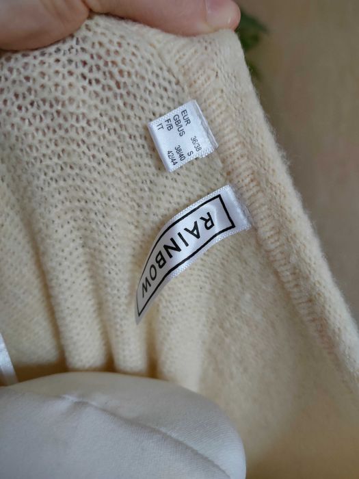 NOWY granatowy brązowy złoty ciepły sweter dekolt V  36/38 S/M Rainbow