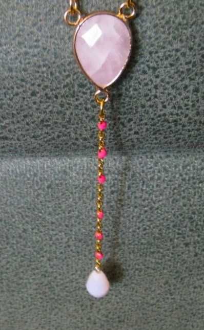 Colar Tripartido c/ Pedra e Contas Rosa NOVO  - SALDO