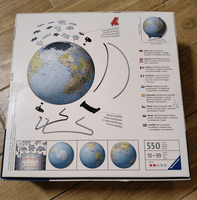 Puzzle 3D Globus, Ravensburger. 550  elementów, 27,5 cm, z podstawką