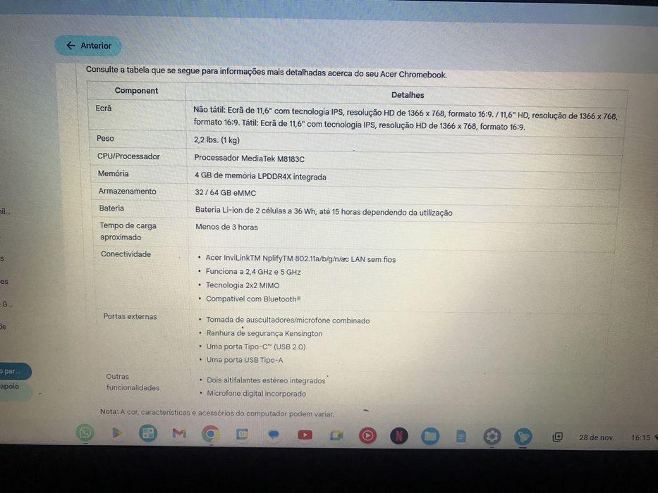 Portatil Chromebook Acer