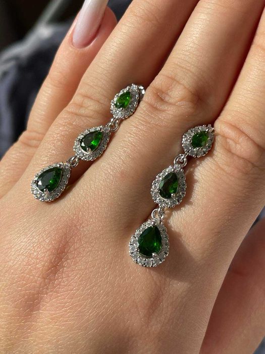 Серьги из хром диопсида и циркония, серебро 925 пробы