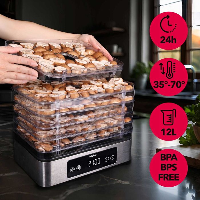 Suszarka do grzybów owoców HEVA +6 SIT 450W Inox duża aż 12L TIMER