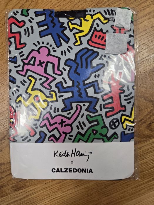 Czarne rajstopy calzedonia rozmiar s/m Keith Haring napis z tylu szew