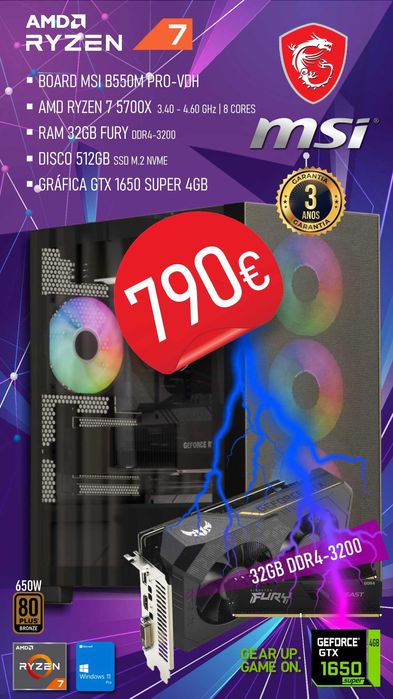 Computador Gaming MSI Ryzen 7 5700X / B550 / GTX 1650 SUPER (NOVO)