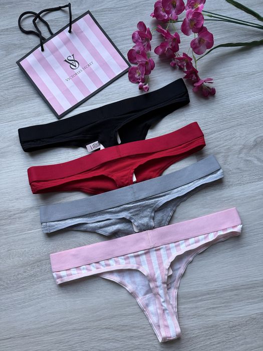 Zestaw stringi czarne w paski z logo z kryształkami Victoria’s Secret