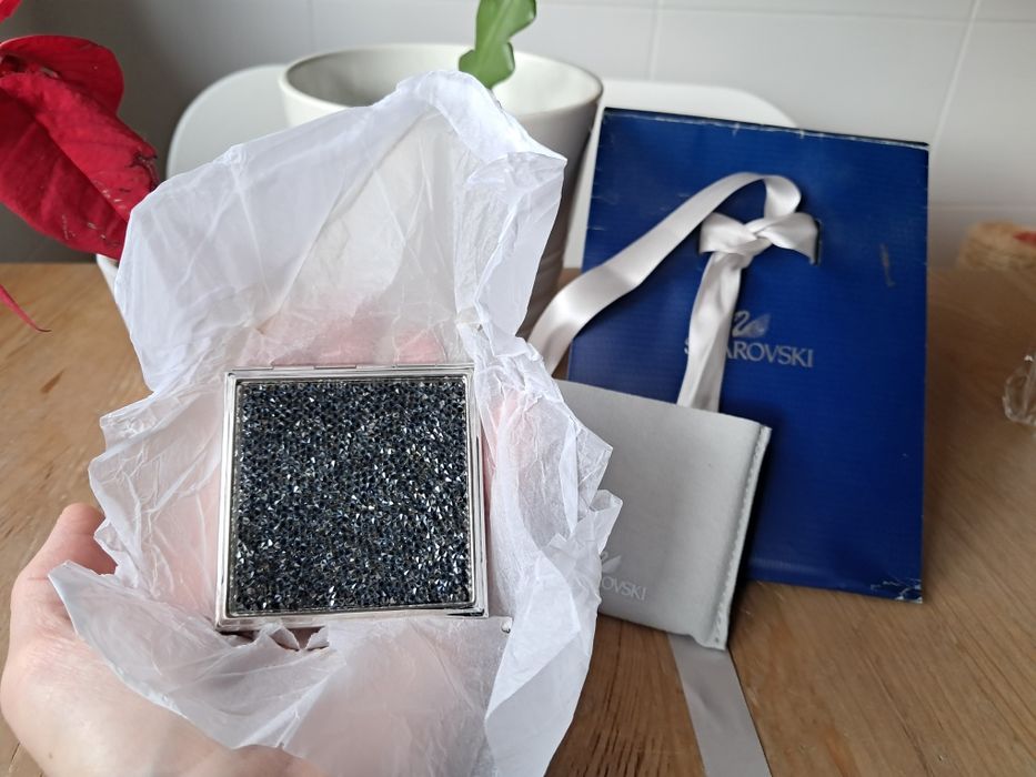 Espelho compacto Swarovski Crystals duplo lado quadrado preto prata