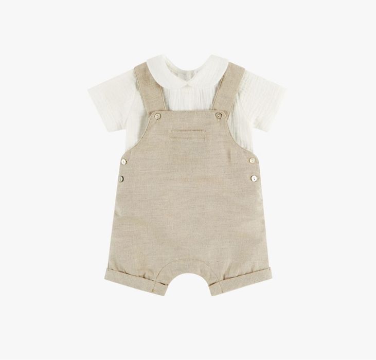 Conj. jardineiras e blusa em linho p/ bebé