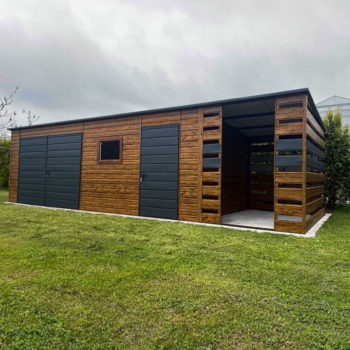 Domek ogrodowy 9×3 m – złoty dąb jasny/ ciemny grafit matowy