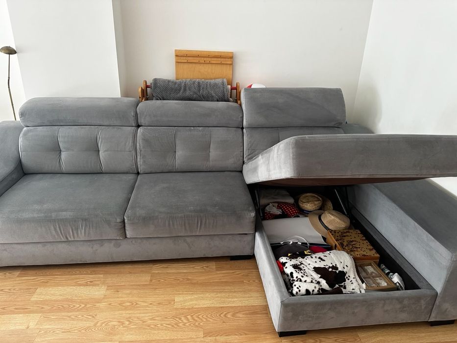 Sofá Chaise Longue Cinzento com Baú e Assentos Extensíveis