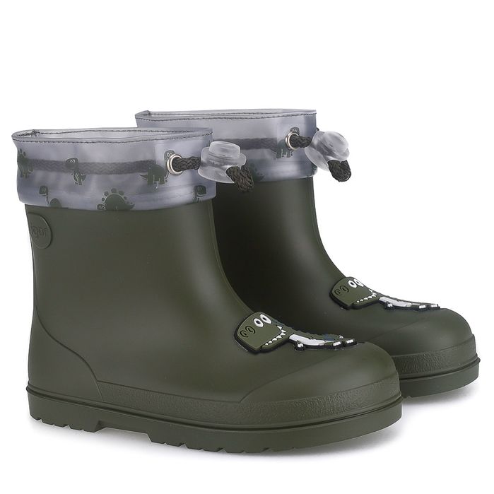 Zielone Elastyczne Kalosze Dziecięce Barefoot Mendi Dino Khaki Igor