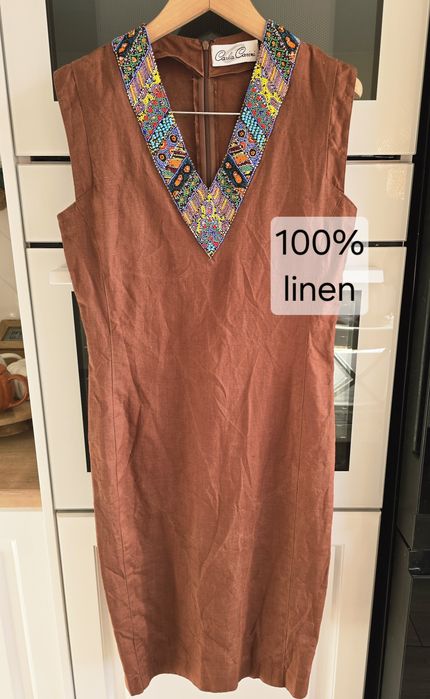 Sukienka lniana vintage premium włoska r.38 etno elegancka