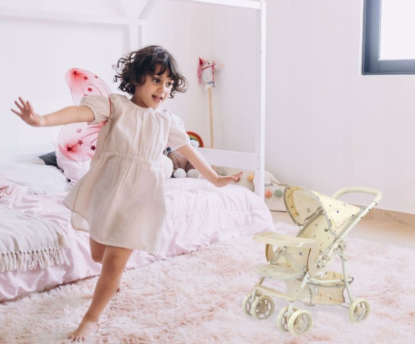 Wózek Dla Lalek Dla Bobasa Składany Spacerówka Z Baldachimem Kremowy