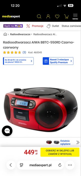 Boombox Radio Aiwa BBTC-550RD Czarno-czerwony