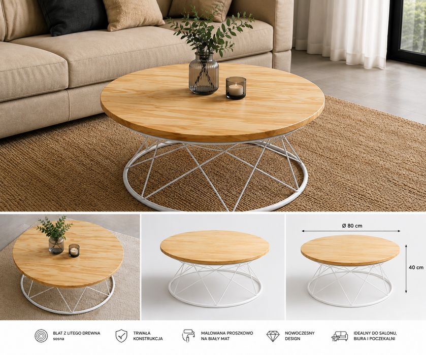 Stolik kawowy ława loft drewno metal okrągły