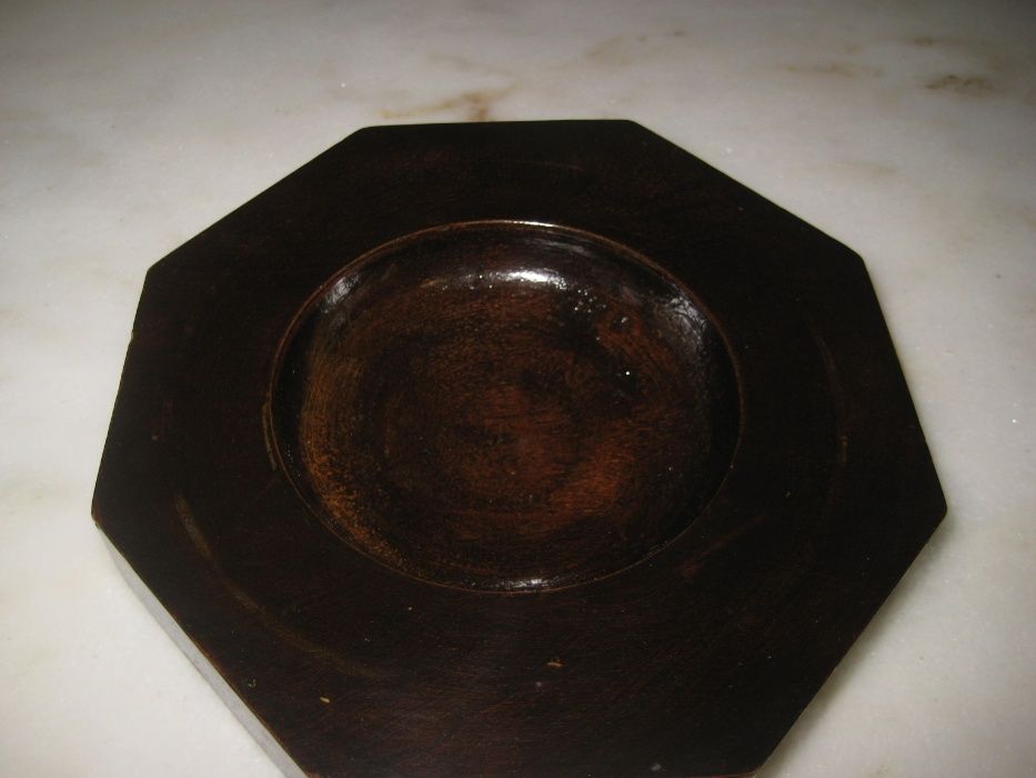Cinzeiro antigo cobre+base hexagonal madeira,1930