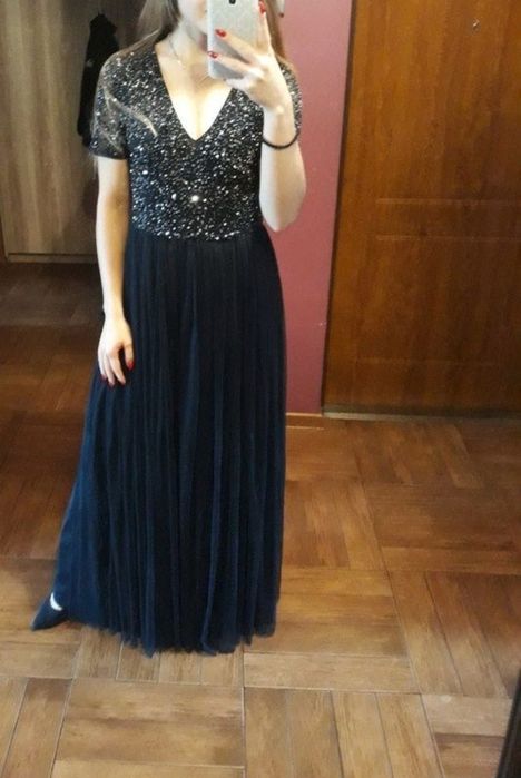 długa maxi sukienka maya deluxe cekiny granatowa asos xs 34 tiulowa