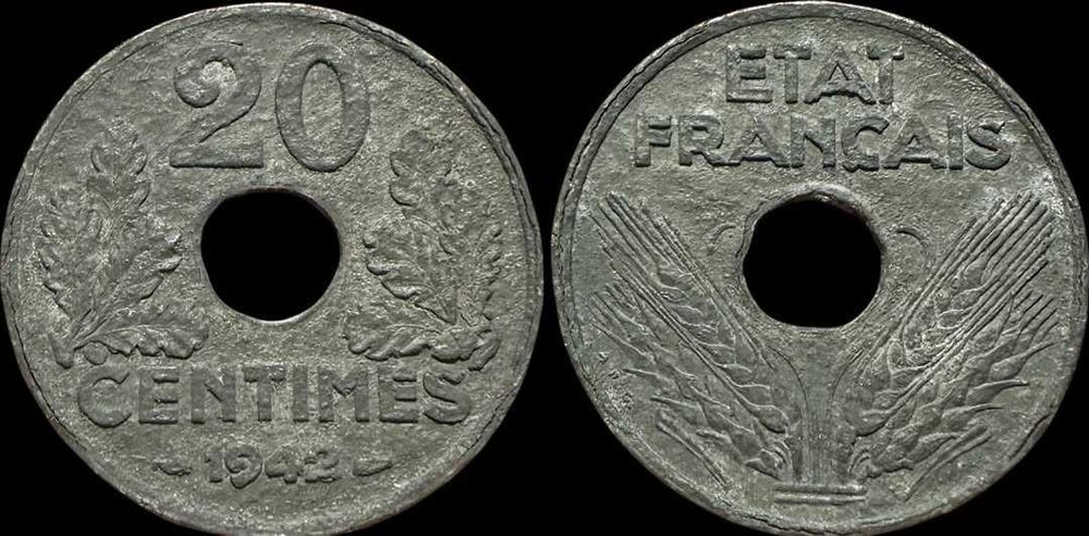 20 Centimes - 1942 - França - Vichy Estado, Zinco, "20" (Tipo Pesado)