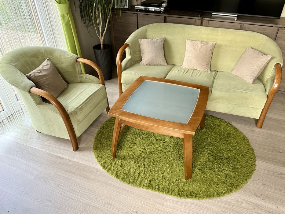 Sofa 3 osobowa + fotel Unimebel Oliwia lite drewno