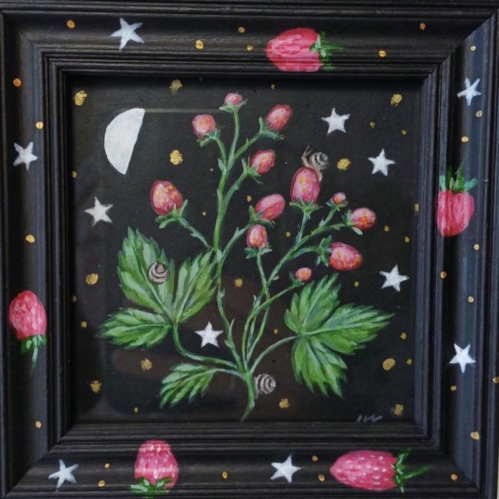 Bajkowe Poziomki oryginalna malowana ilustracja w ramce vintage za szkłem