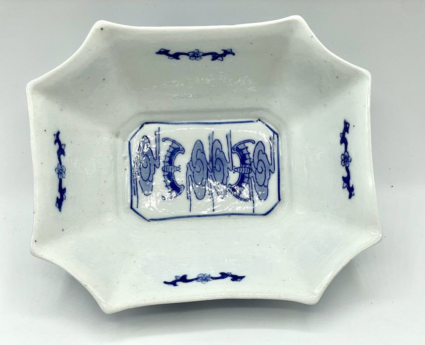 Tigela Octogonal Azul e Branca Chinesa Antiga seculo 19