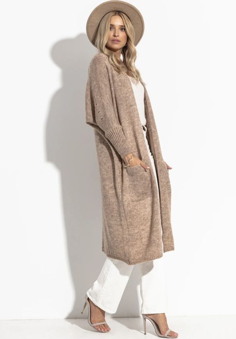 Fobya wełna sweter kardigan beige długi płaszczyk narzutka S / M