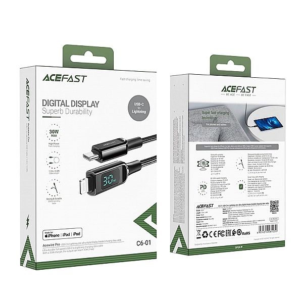 Acefast kabel MFI USB Typ C - Lightning 1,2m, 30W, 3A czarny (C6-01 Bl