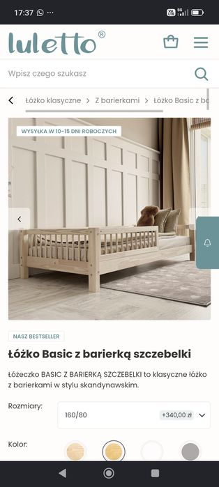 Łóżko drewniane BASIC z barierką 160x80 z materacem Luletto.