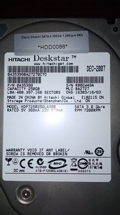 Disco Hitachi Deskstar 250GB