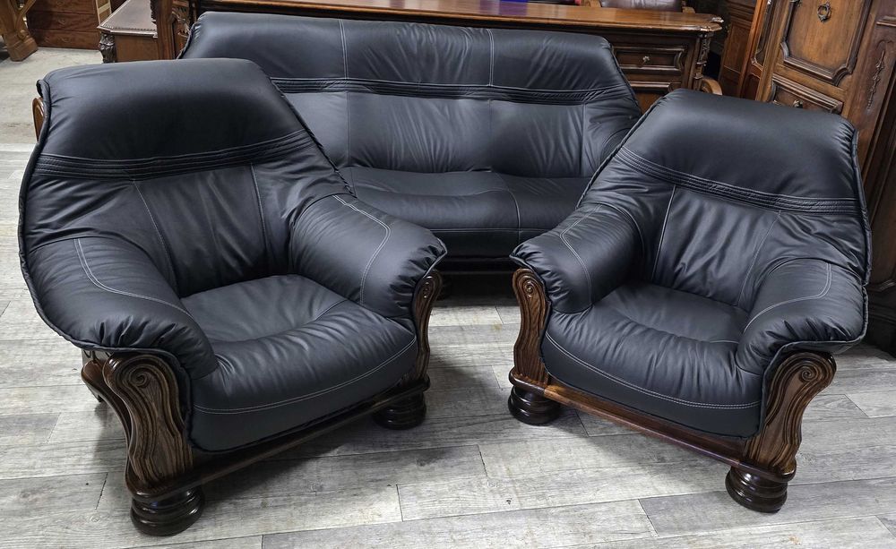 Skórzany Komplet Wypoczynkowy 3+1+1 / Nowa Skóra / Kanapa / Fotele /