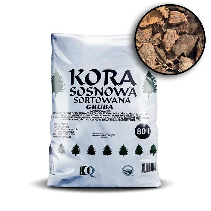 Kora ogrodowa sosnowa sortowana – gruba/średnia/drobna | Worki 80L | Dostawa