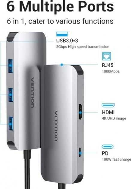 USB-хаб Vention USB3.1 Type-C > HDMI/USB 3.0x3/RJ45/PD 100W Hub 6-in-1