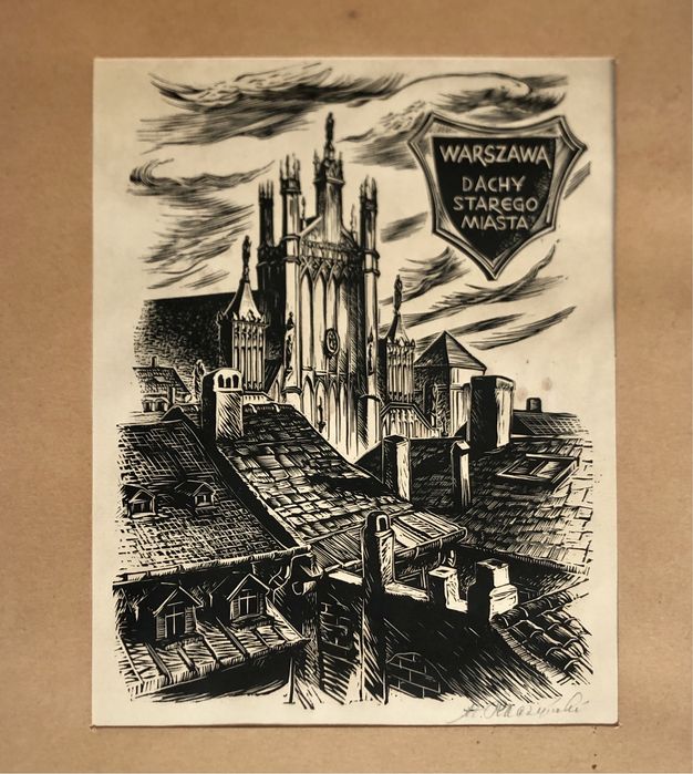 Drzeworyt grafika obraz Warszawa Stare Miasto Stanisław Raczyński