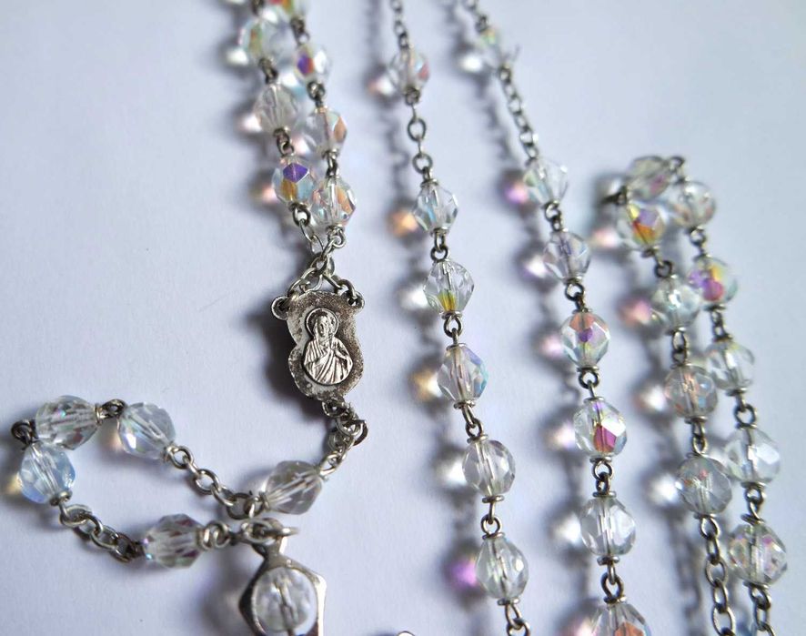 Różaniec piękny szklany opalizujący vintage duży naszyjnik