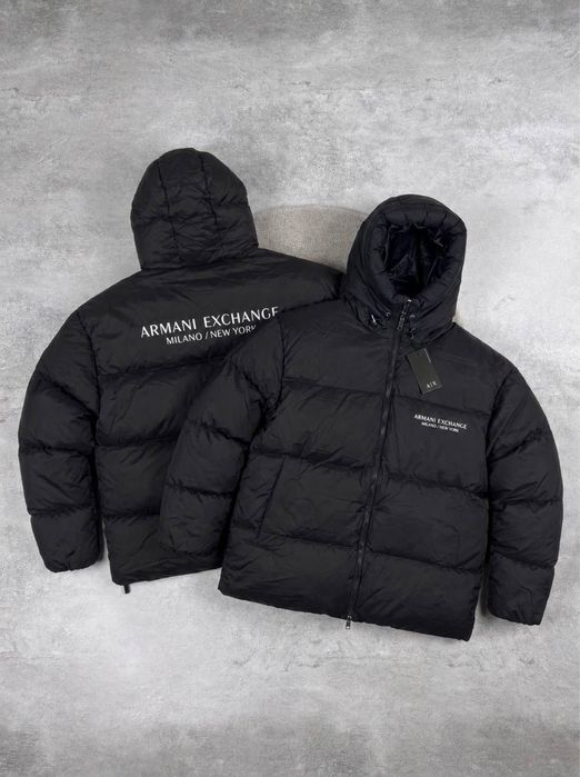 Чоловічий пуховик Armani Exchange з капюшоном і світловідбивним принтом, S–XL