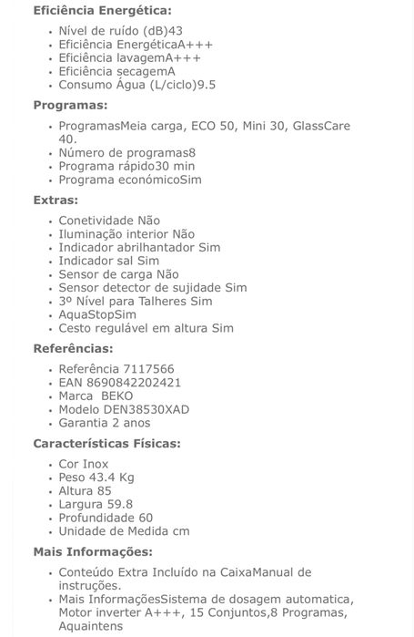Máquina de Lavar Loiça BEKO DEN38530XAD – Ótimo Estado