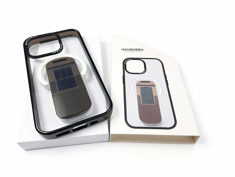 B197 Etui Obudowa Case Haobobro Do iPhone 15 Pro Przezroczyste Z MagSafe I Podstawką Stand Czarna Ramka