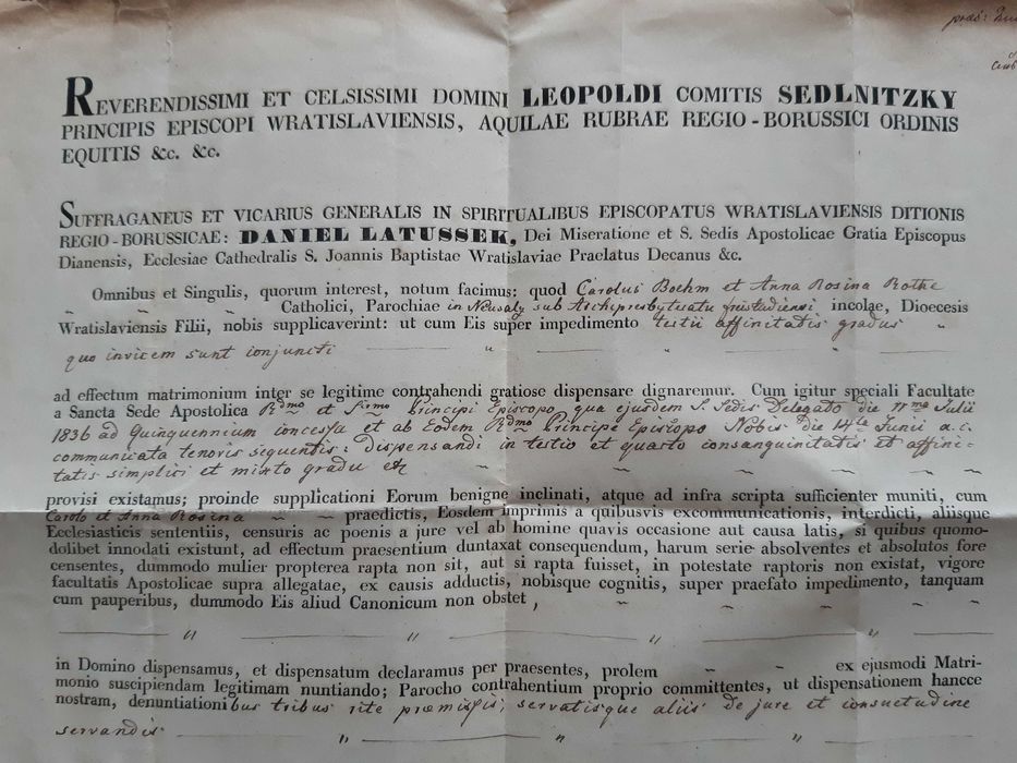 Biskup Daniel Latussek Bralin Kępno Nowa Sól akt dyspensy ślub 1839