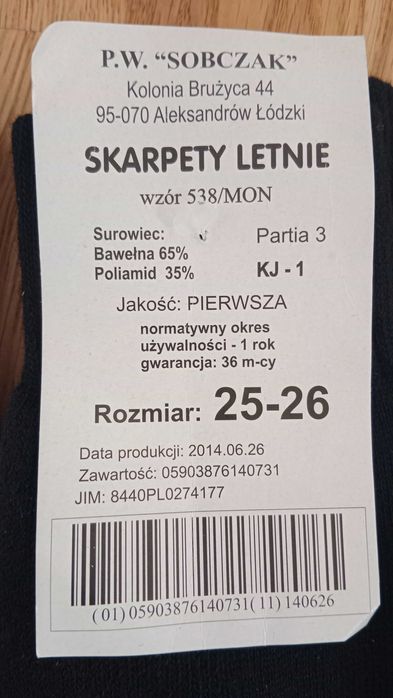 Nowe skarpety letnie 538/MON, rozmiar 25-26, kolor czarny, SOBCZAK