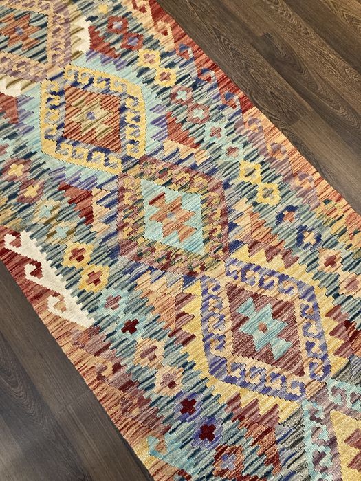 Tapete Kilim oriental feito à mão em lã natural 307x83cm - Novo