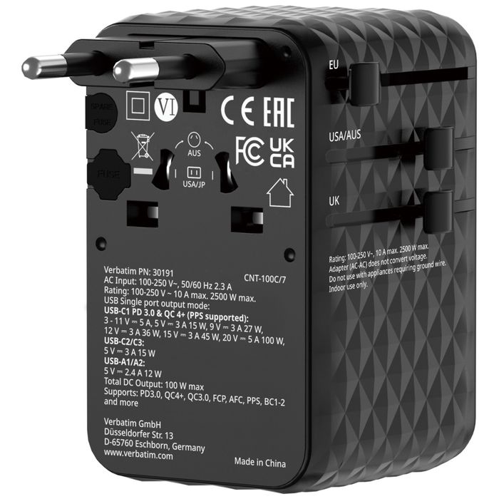Verbatim Adapter podróżny EU/UK/US GaN 2xUSB-C/2xUSB-A/1xUSB-C PD 100W czarny 30191