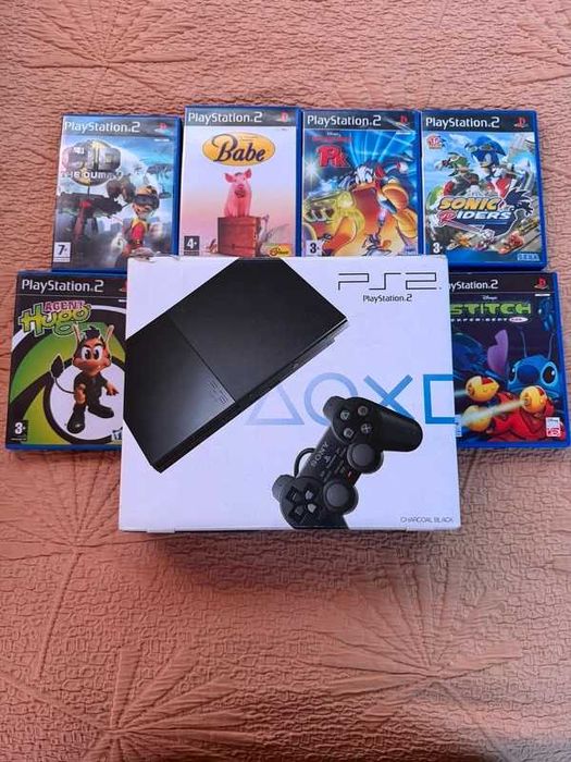 Consola PlayStation 2 (PS2) Slim Charcoal Black + Caixa Original + 6 Jogos
