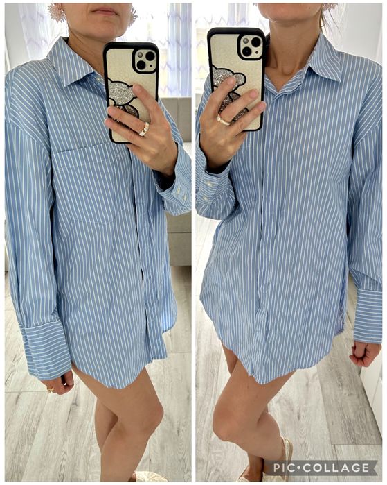 Błękitna bawelniana długa koszula w paski H&M oversize r.XS