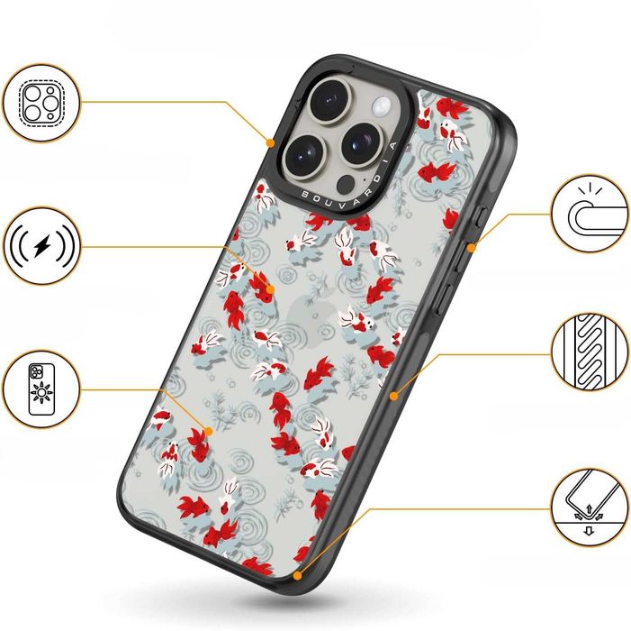 Etui Bouvardia do iPhone 15 Pro Max – Wzór Czarnej Złotej Ryby