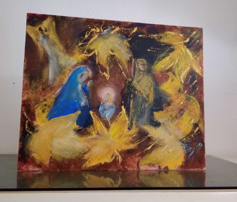 Vintage Quadro Óleo sobre tela, Nascimento de Jesus Antigo, mas novo