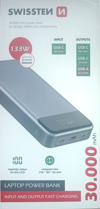 Swissten Power Bank For Laptop 30000 mAh 133W PD Grey