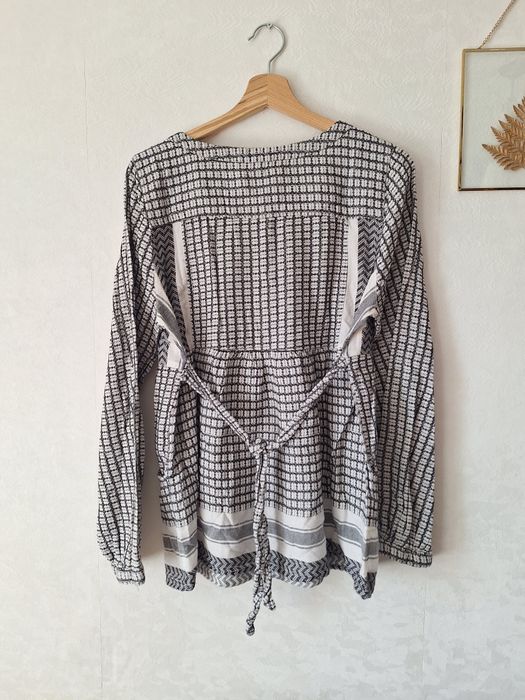 Bluzka z baskinką 40 L biało szara wzór kieszenie boczne  wiązanie