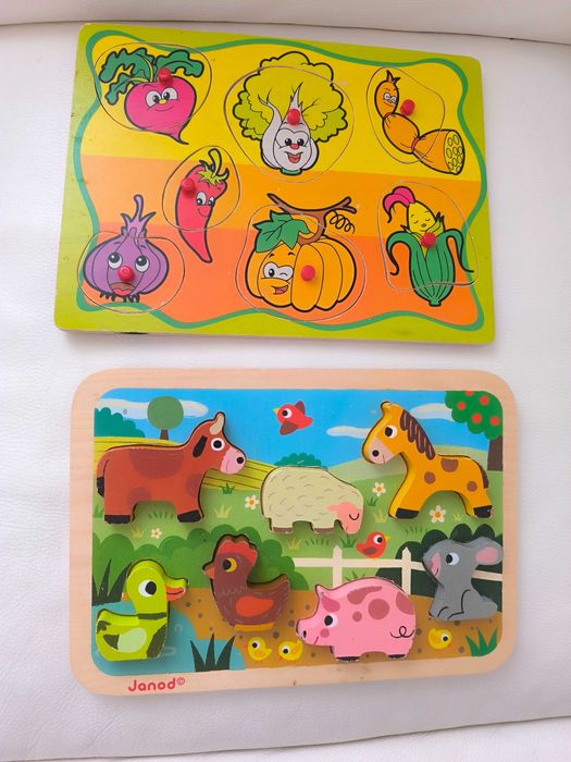 2 komplety puzzli drewnianych, klocki, zwierzęta i warzywa